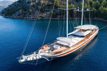 Luxury gulet for charter in a scenic Mediterranean destination, ideal for private yacht rentals and yacht holidays.